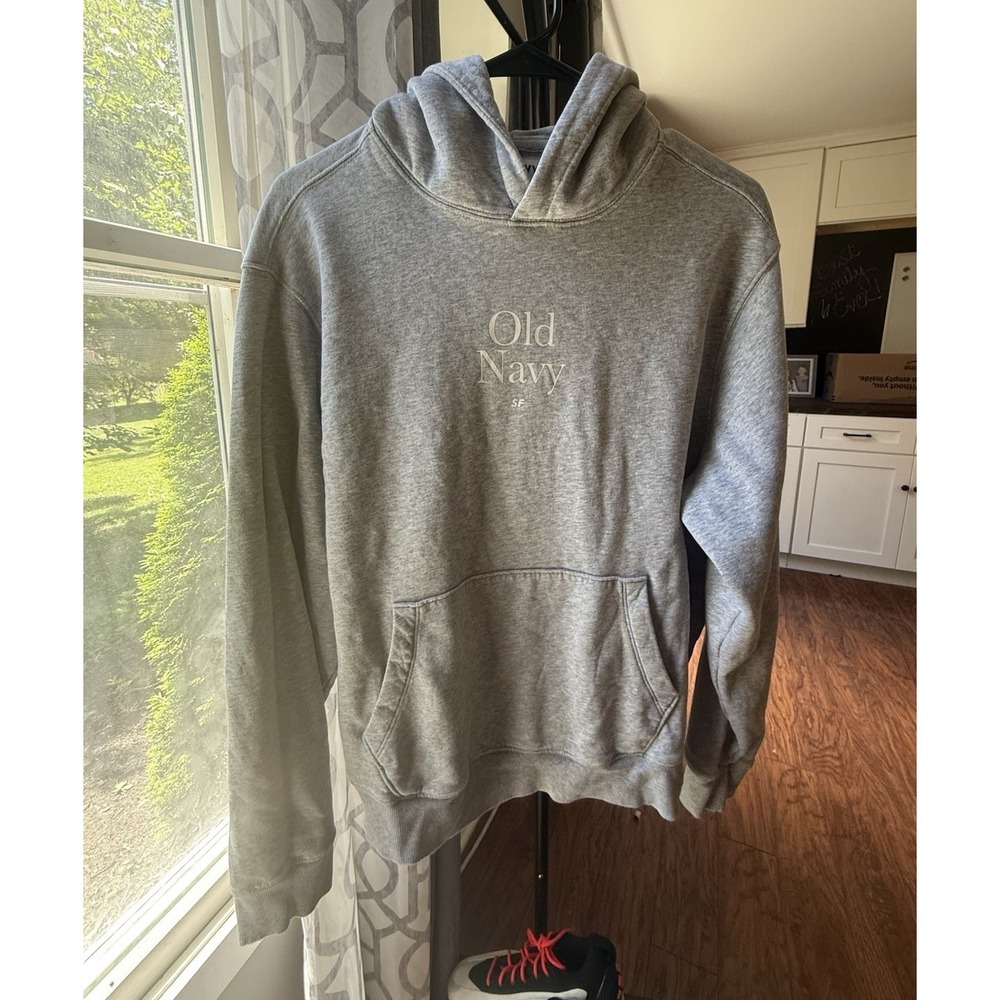 Old Navy Men's Gray Fleece Pullover Hoodie Graphic Logo w/ Pockets Size S
